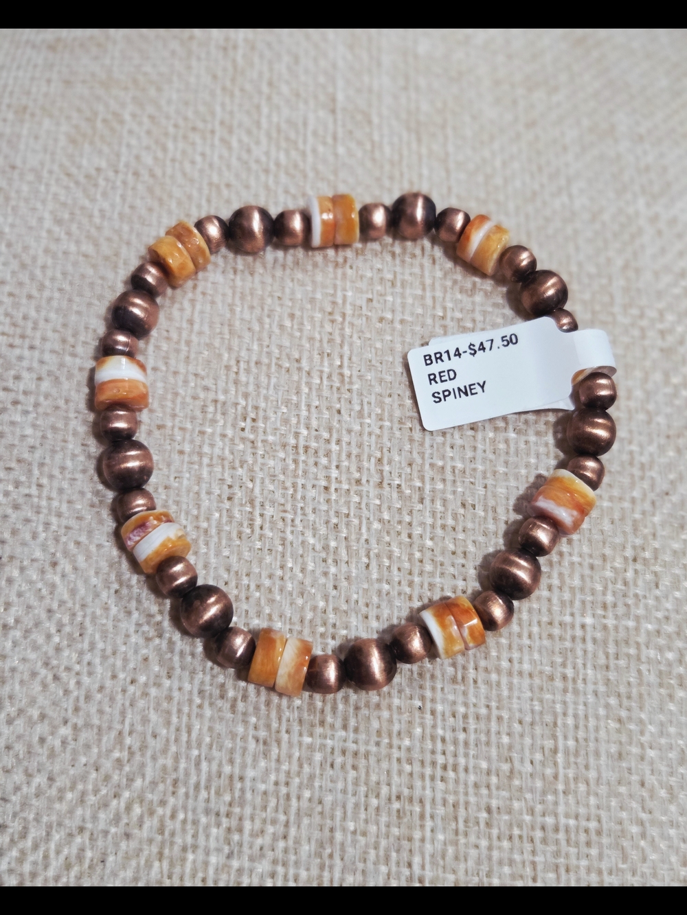 Beaded Stretch Bracelet with Copper Beads and Spiny Oyster Turquoise Accents